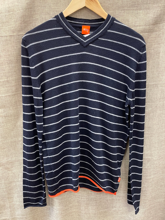 Hugo Boss Navy Stripe V Neck Wool Jumper Size 42 Large