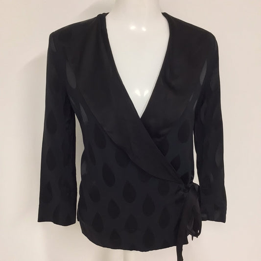 French Connection Black Satin Patterned Wrap Top Blouse w/Shoulder Pads Size 10