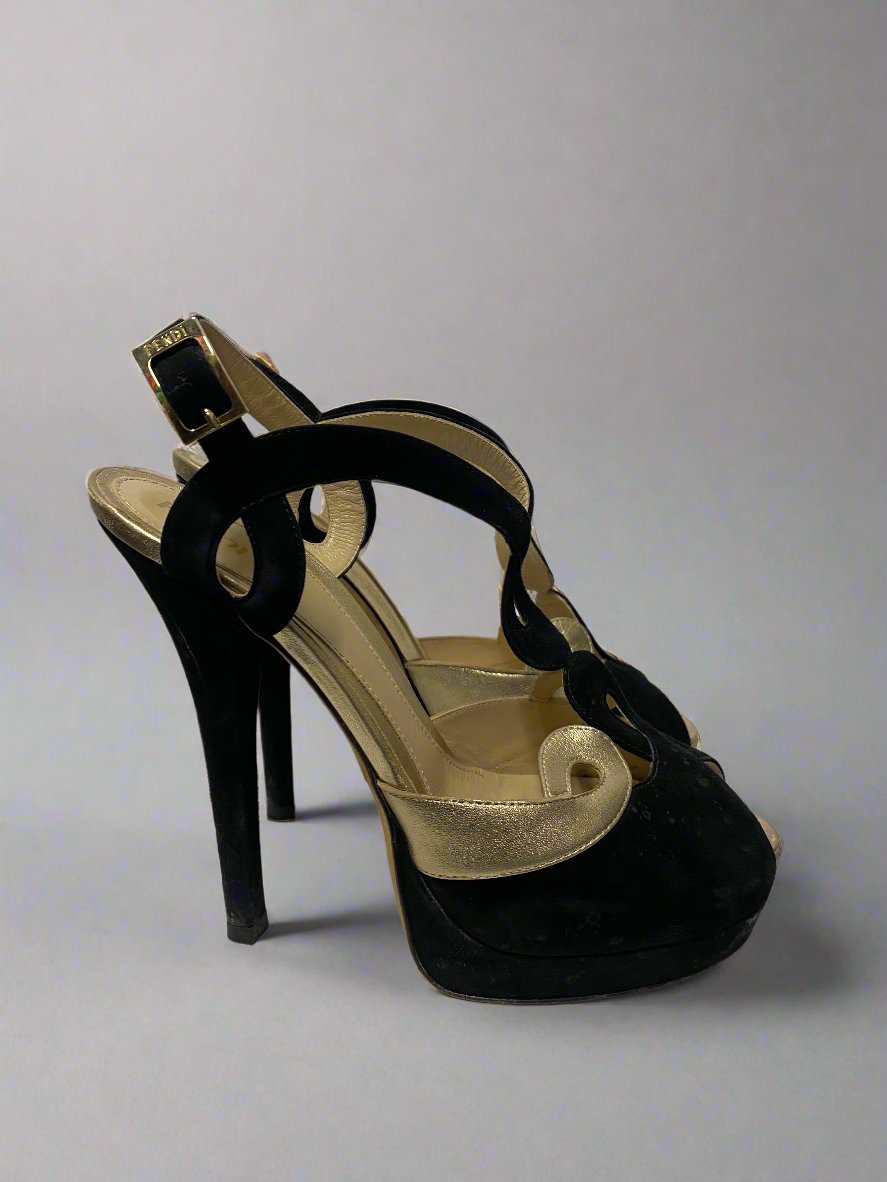 Fendi Black and Gold Suede Peep Toe Platform Heel 38/5