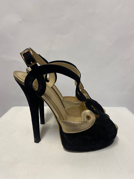 Fendi Black and Gold Suede Peep Toe Platform Heel 38/5