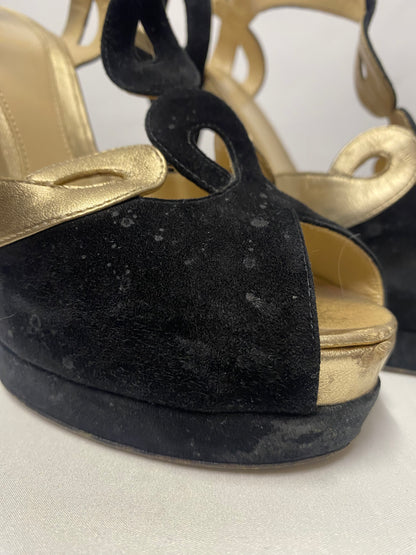 Fendi Black and Gold Suede Peep Toe Platform Heel 38/5