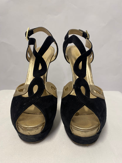 Fendi Black and Gold Suede Peep Toe Platform Heel 38/5