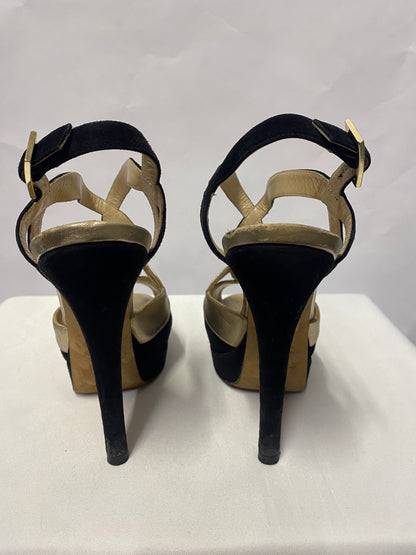 Fendi Black and Gold Suede Peep Toe Platform Heel 38/5