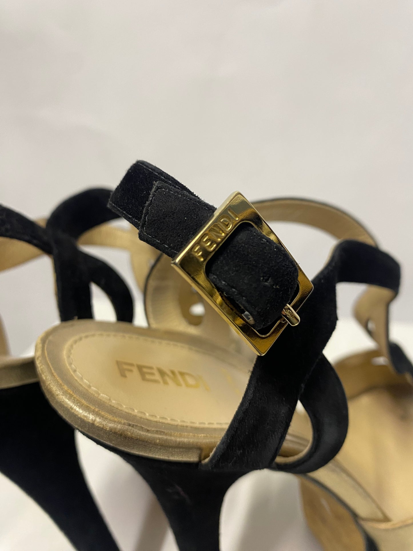 Fendi Black and Gold Suede Peep Toe Platform Heel 38/5