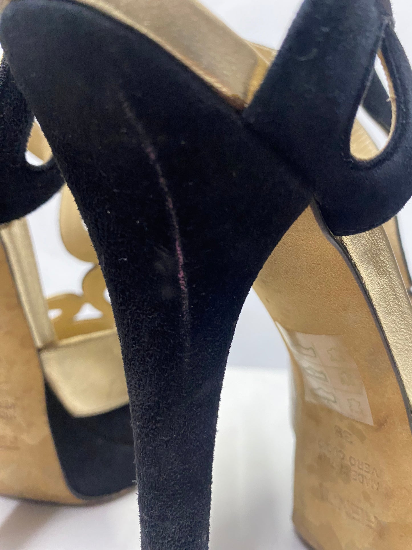 Fendi Black and Gold Suede Peep Toe Platform Heel 38/5