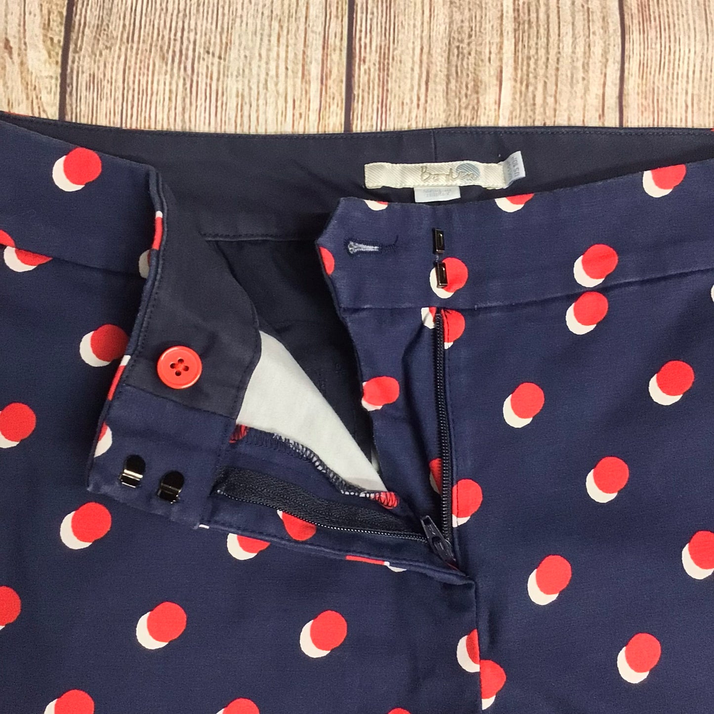 Boden Navy Blue & Red Polk Dot Cotton Blend Cropped Trousers Size 14 Petite