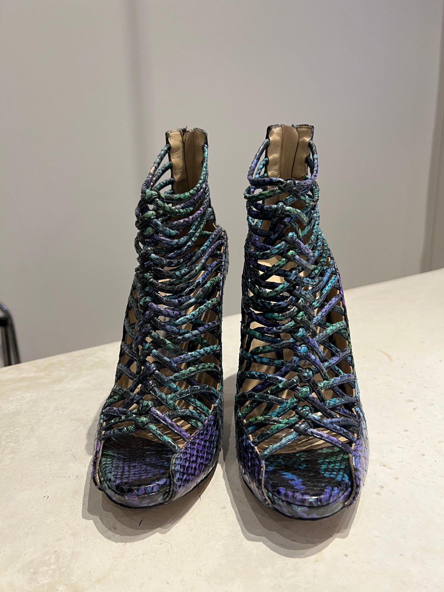 Jimmy Choo Blue and Green Snake Effect Heels Size 3