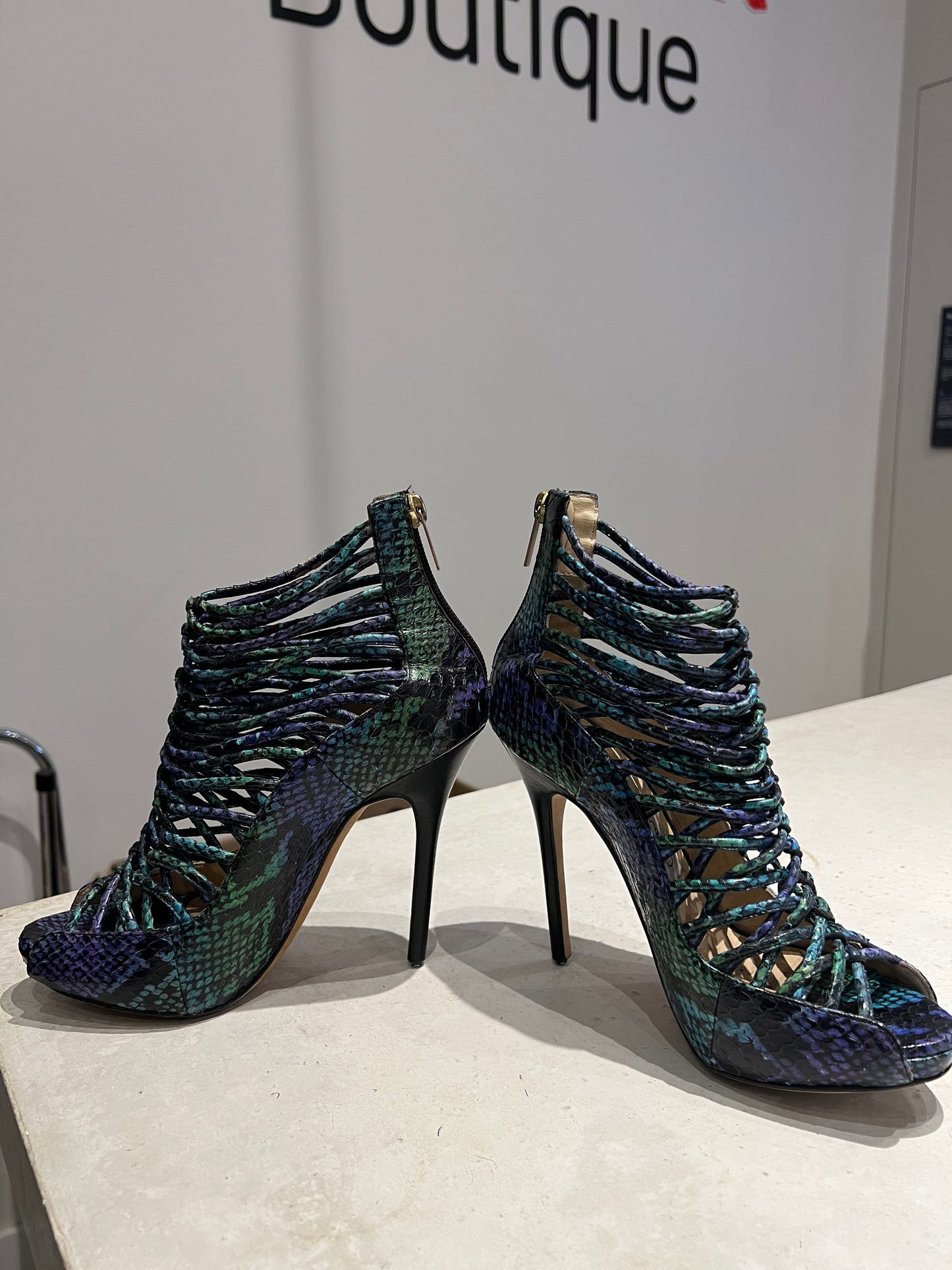 Jimmy Choo Blue and Green Snake Effect Heels Size 3