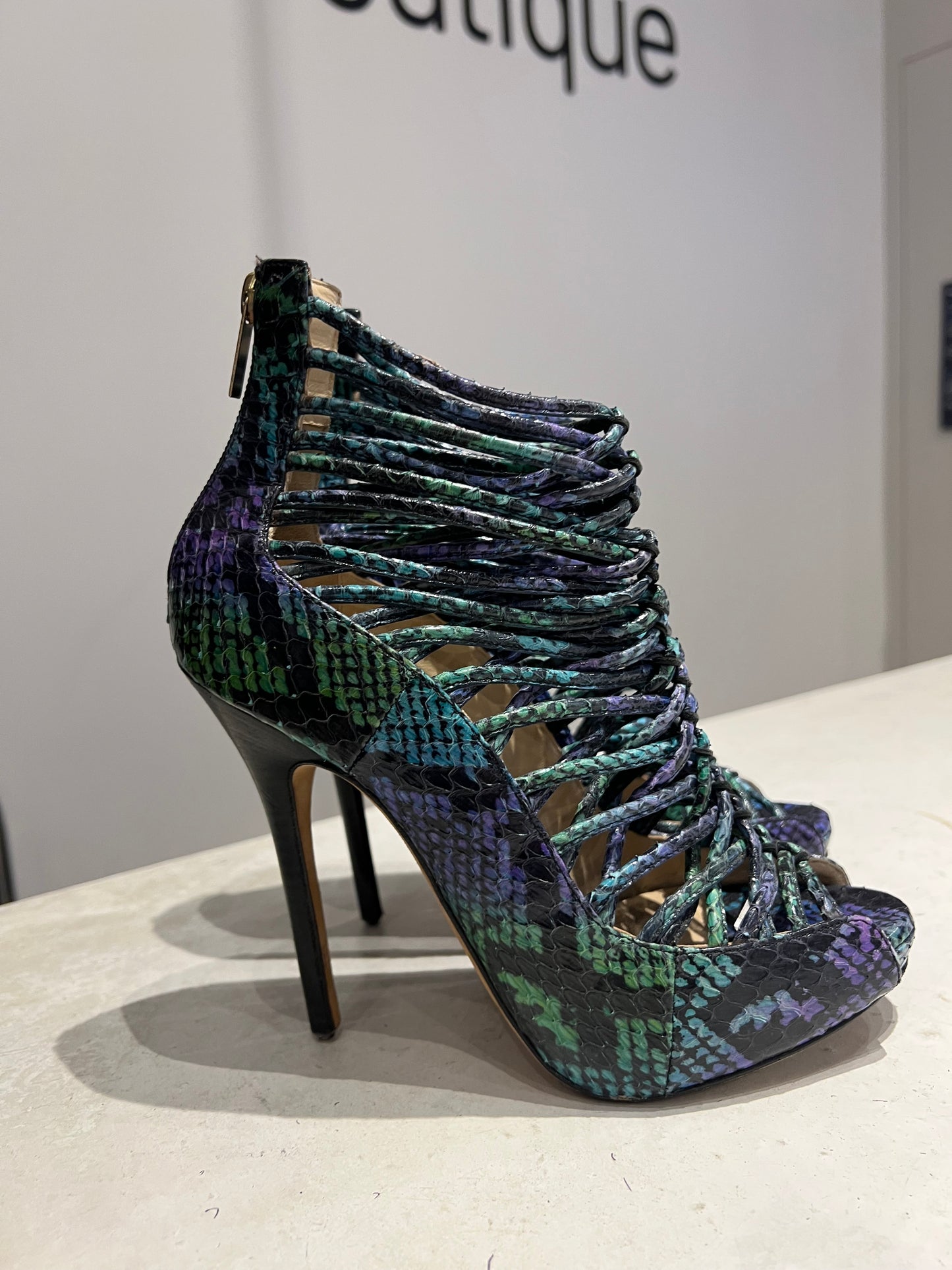 Jimmy Choo Blue and Green Snake Effect Heels Size 3