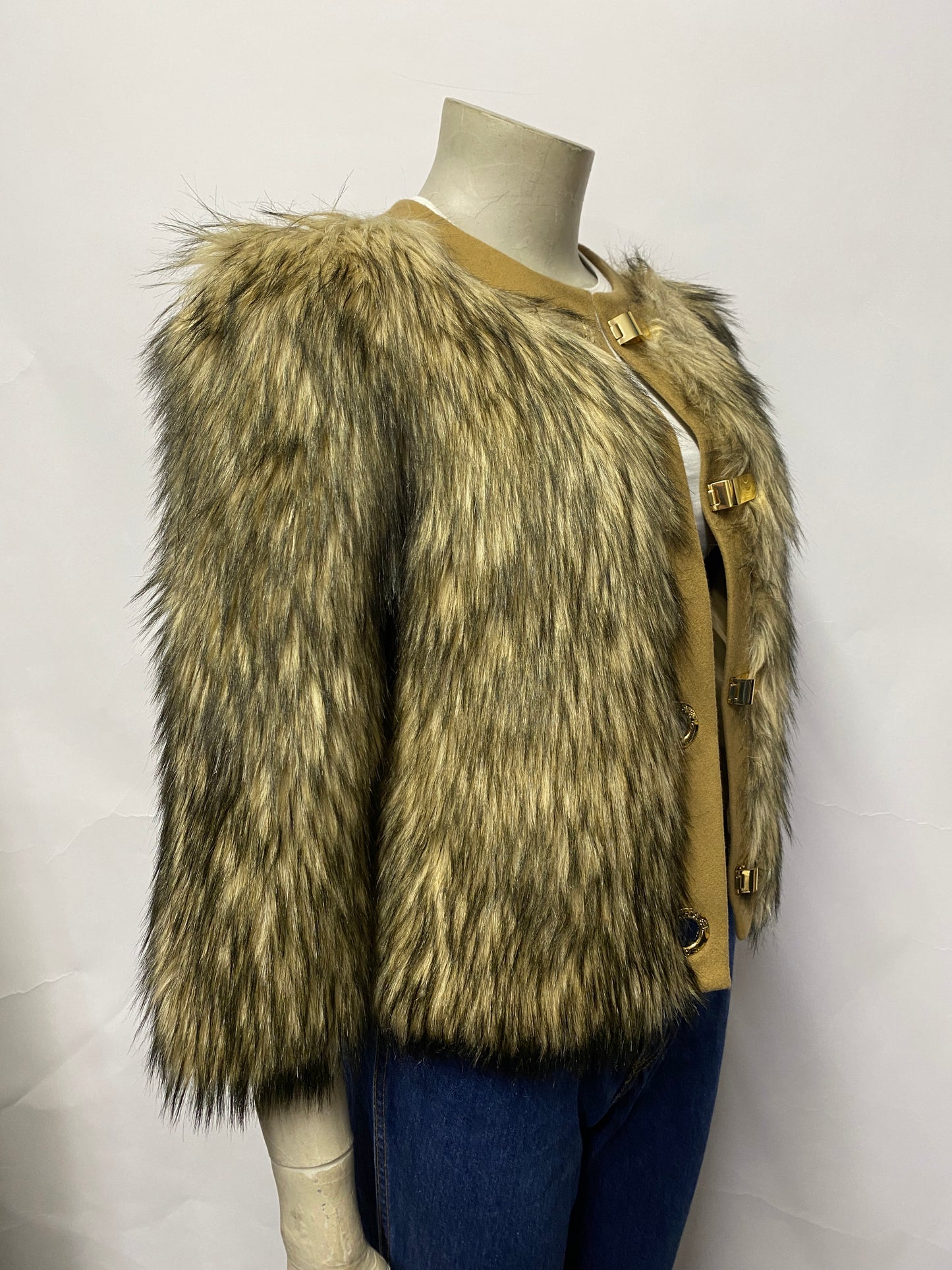 Michael Kors Camel and Brown Faux Fur Collarless Jacket XS