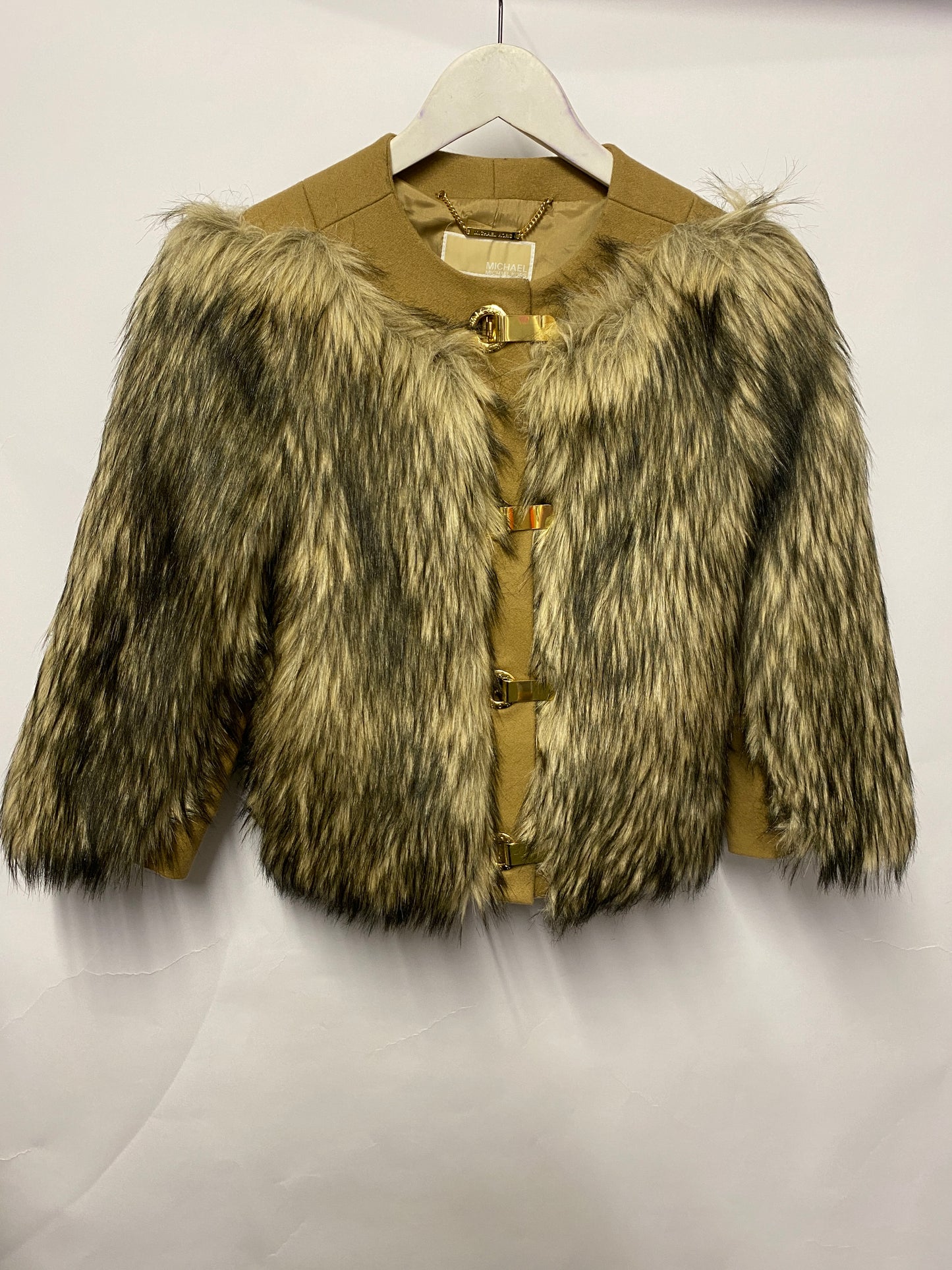 Michael Kors Camel and Brown Faux Fur Collarless Jacket XS