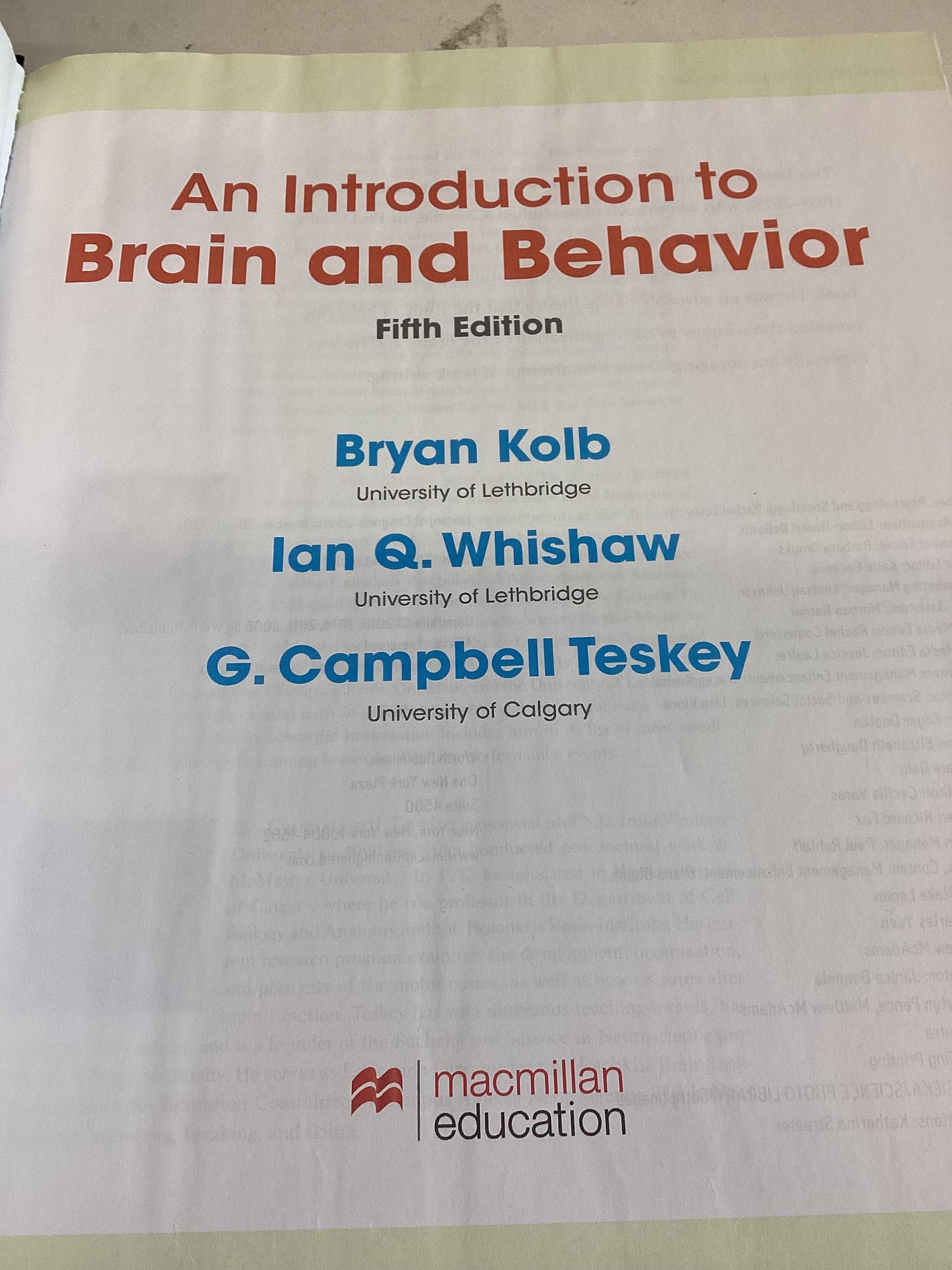 An Introduction To Brain and Behavior Fifth Edition Bryan Kolb Ian Q Whishaw G. Campbell Teskey