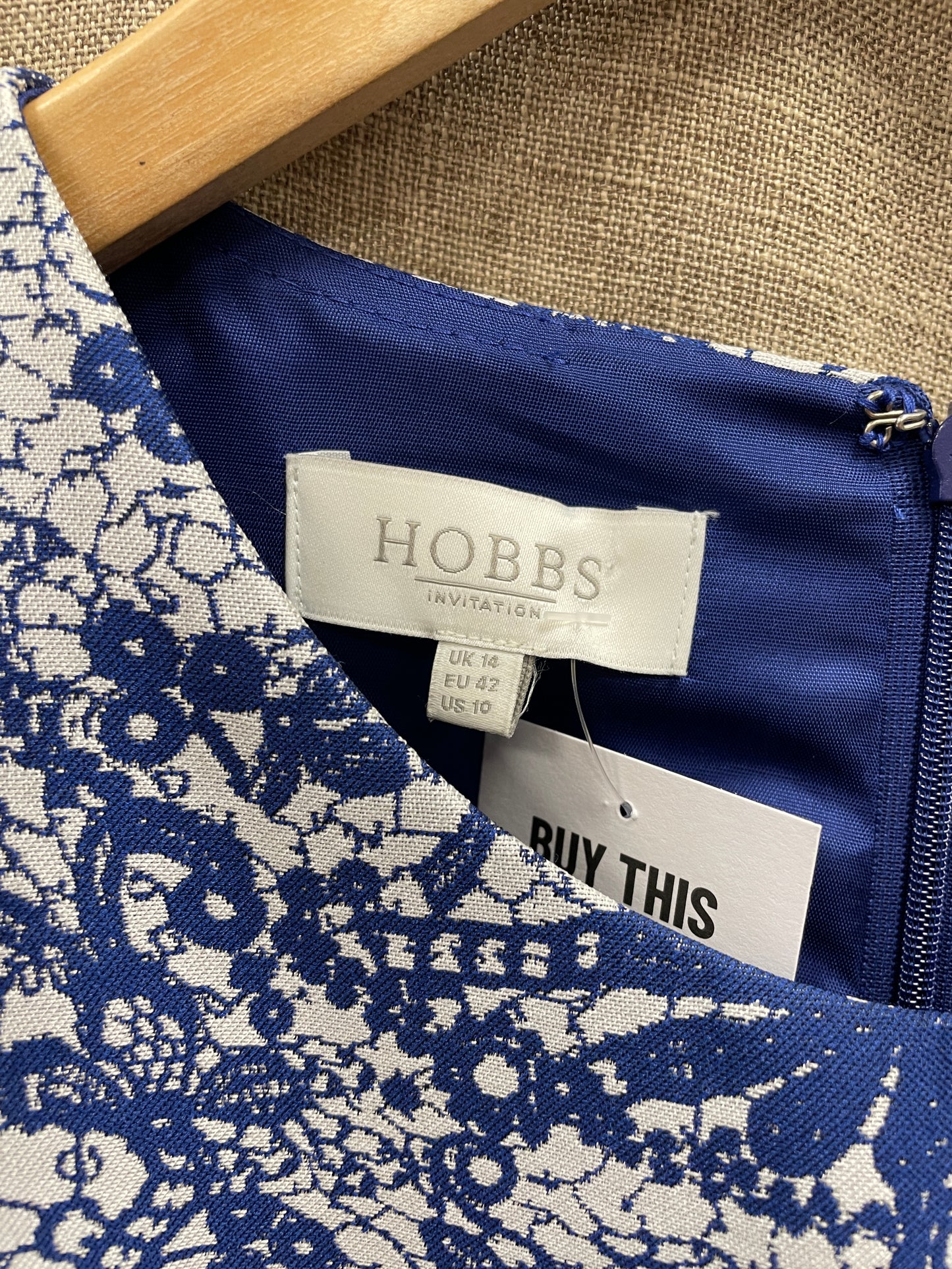 Hobbs White & Blue Patterned Sleeveless Shift Dress Size 14