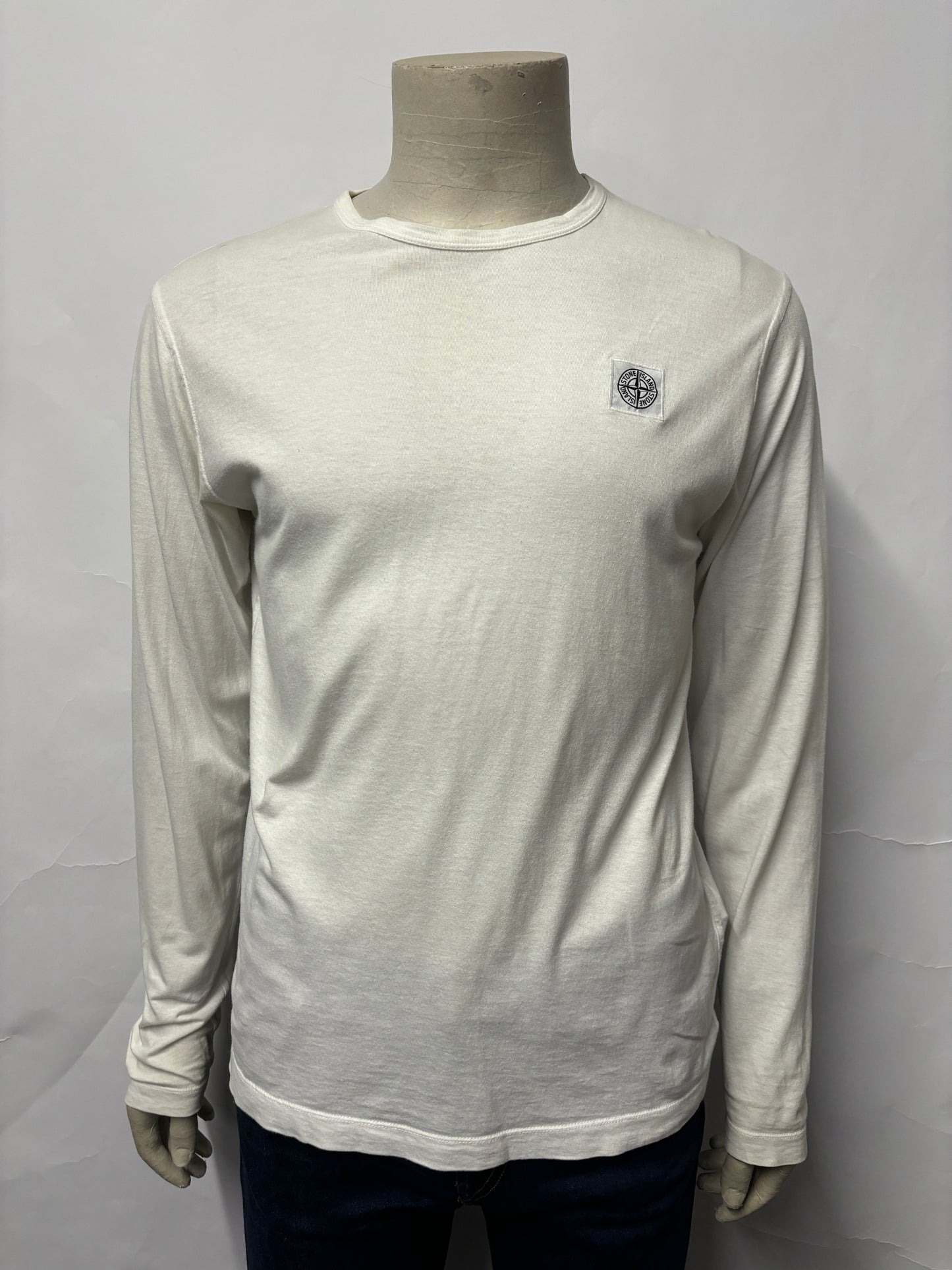 Stone Island White 100% Cotton Long Sleeve Patch Logo T-shirt S