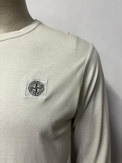 Stone Island White 100% Cotton Long Sleeve Patch Logo T-shirt S