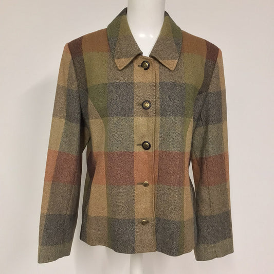 Avoca Beige Multi 100% Wool Plaid Jacket Size 16