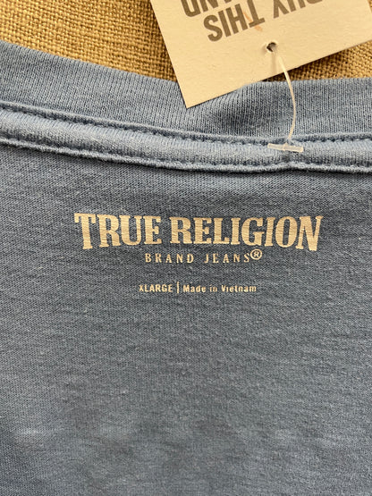 True Religion Blue Metallic Logo V Neck T Shirt XL UK Size 14