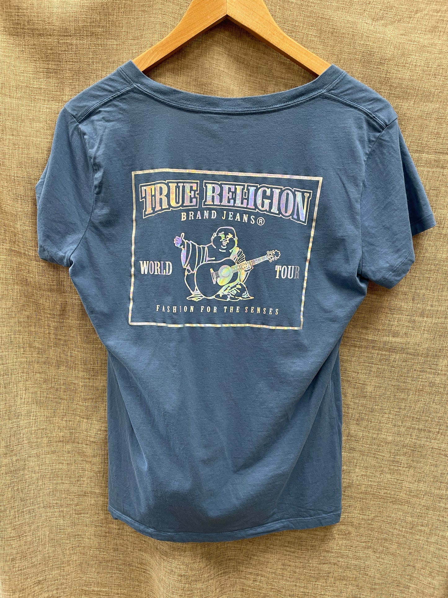 True Religion Blue Metallic Logo V Neck T Shirt XL UK Size 14