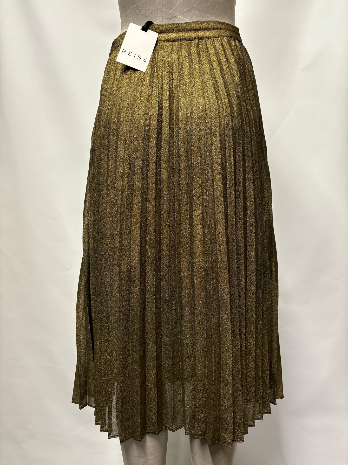 Reiss Metallic Gold Pleated Kaeya Midi Skirt 8 BNWT