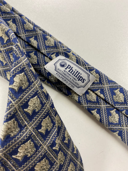 Phillips Blue and White Silk Postage Stamp Seven Fold Tie