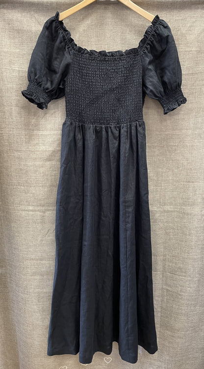 Boden New with Tags Black Linen Shirred Elastic Puff Sleeve Midi Dress 8 Regular