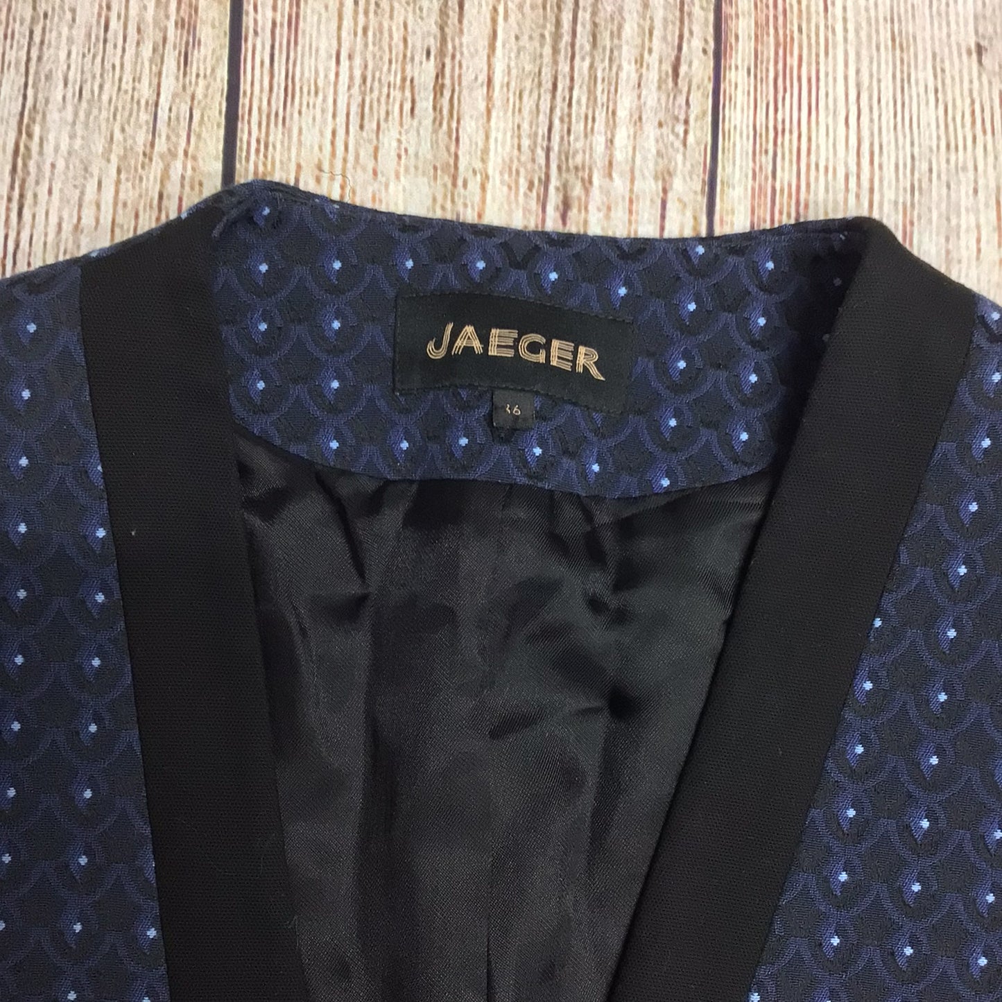 Jaeger Navy Blue Cotton Blend Patterned Blazer Size 16