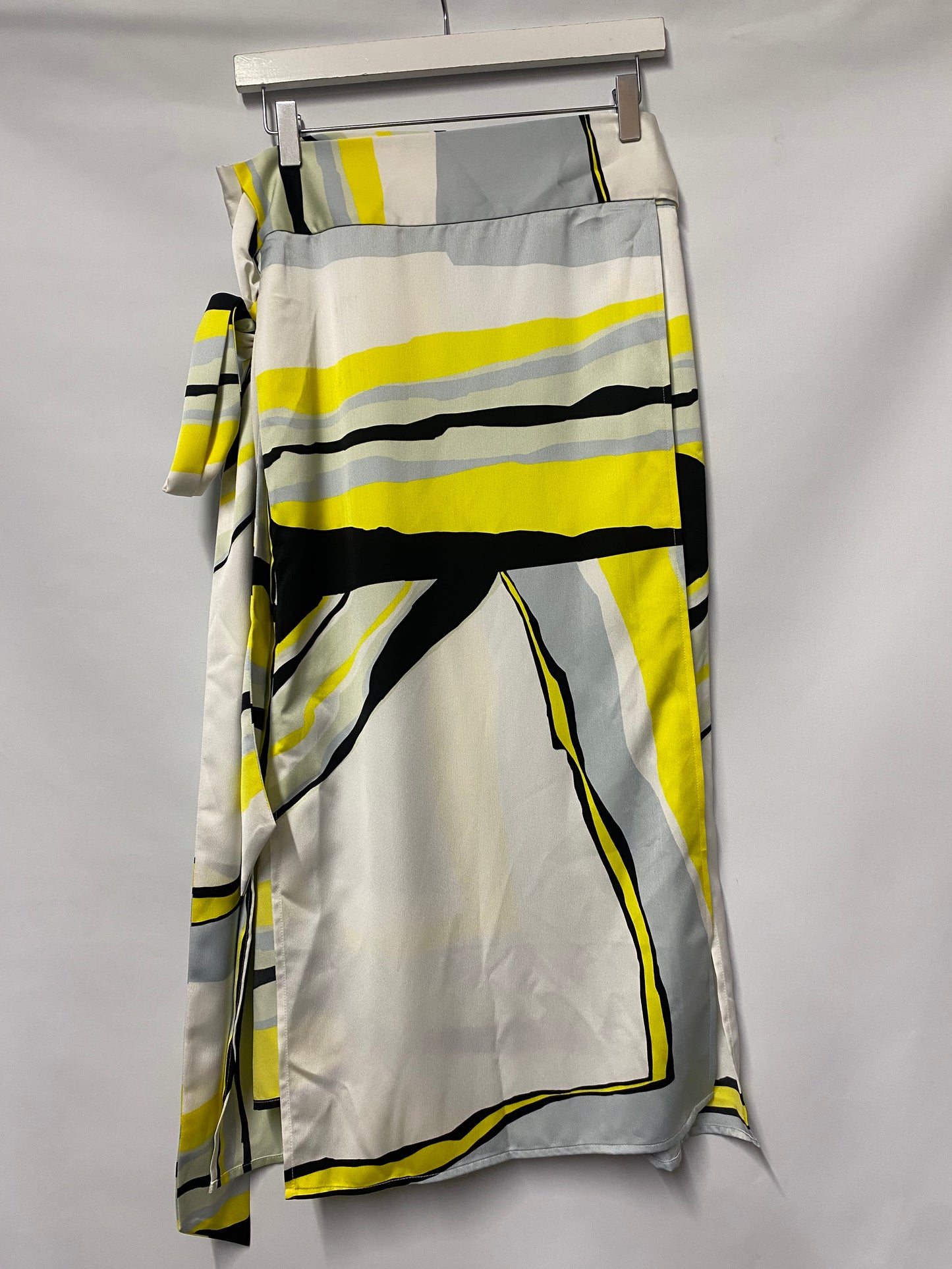 J Crew White, Yellow, Blue Satin Wrap Skirt Medium