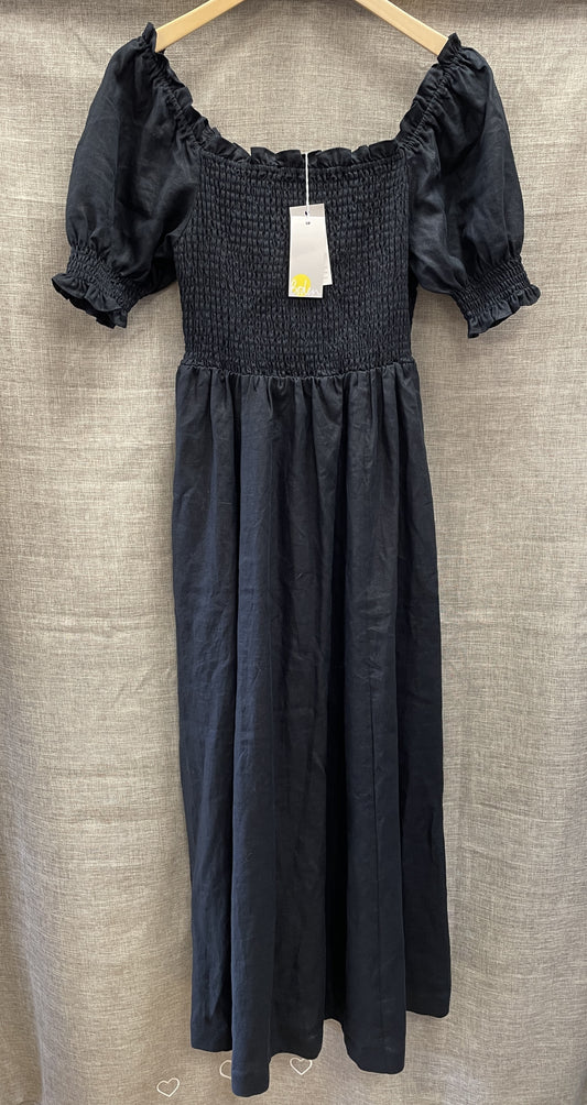 Boden New with Tags Black Linen Shirred Elastic Puff Sleeve Midi Dress 8 Regular