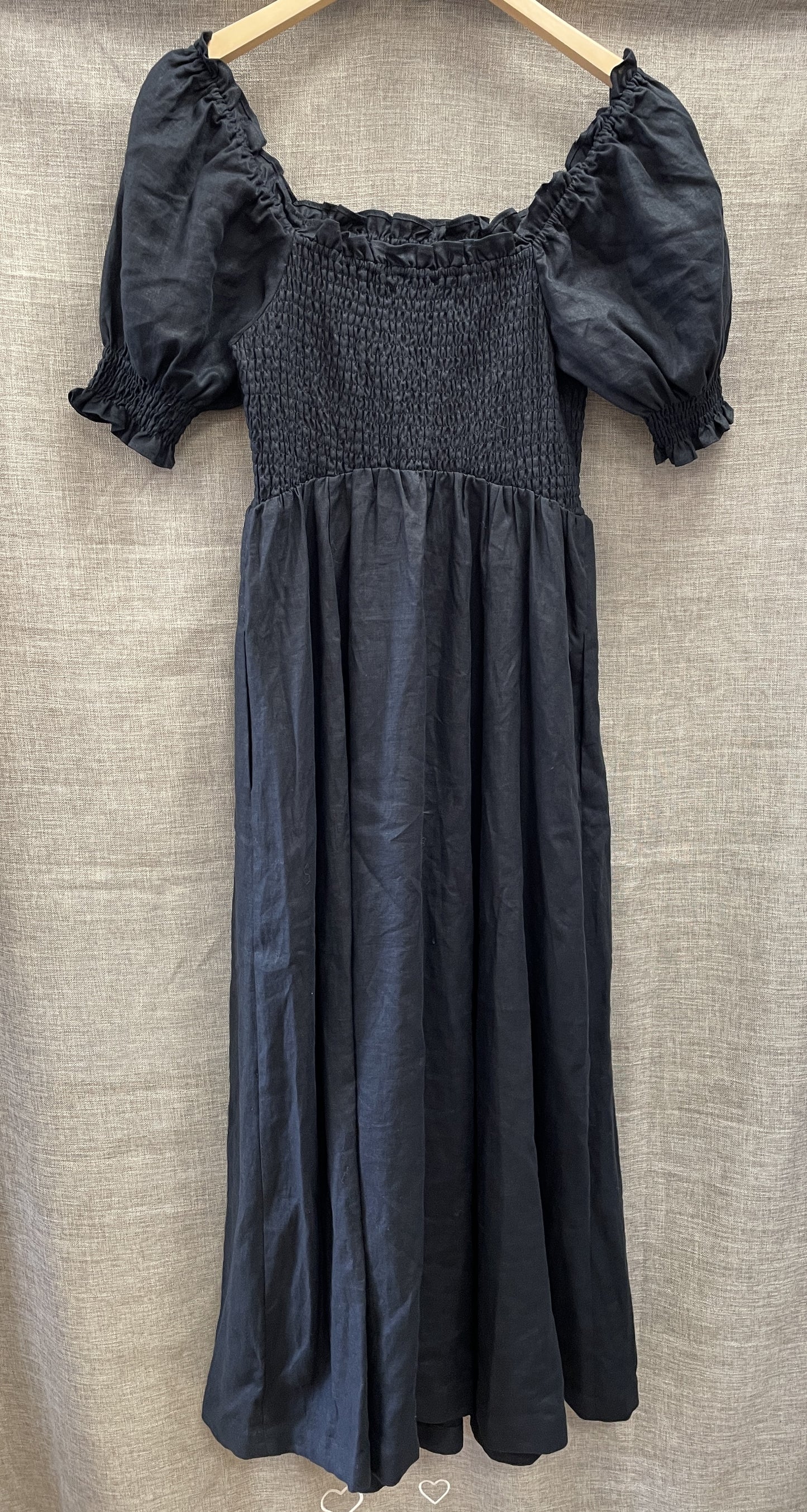 Boden New with Tags Black Linen Shirred Elastic Puff Sleeve Midi Dress 8 Regular