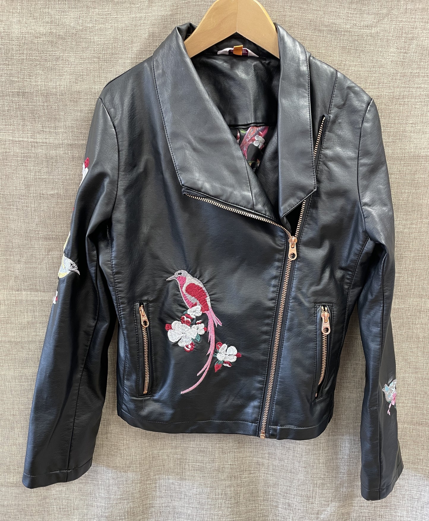 Baker by Ted Baker Black Faux Leather Biker Jacket Embroidered Bird & Floral Detail Age 12