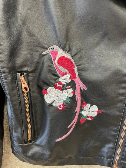 Baker by Ted Baker Black Faux Leather Biker Jacket Embroidered Bird & Floral Detail Age 12