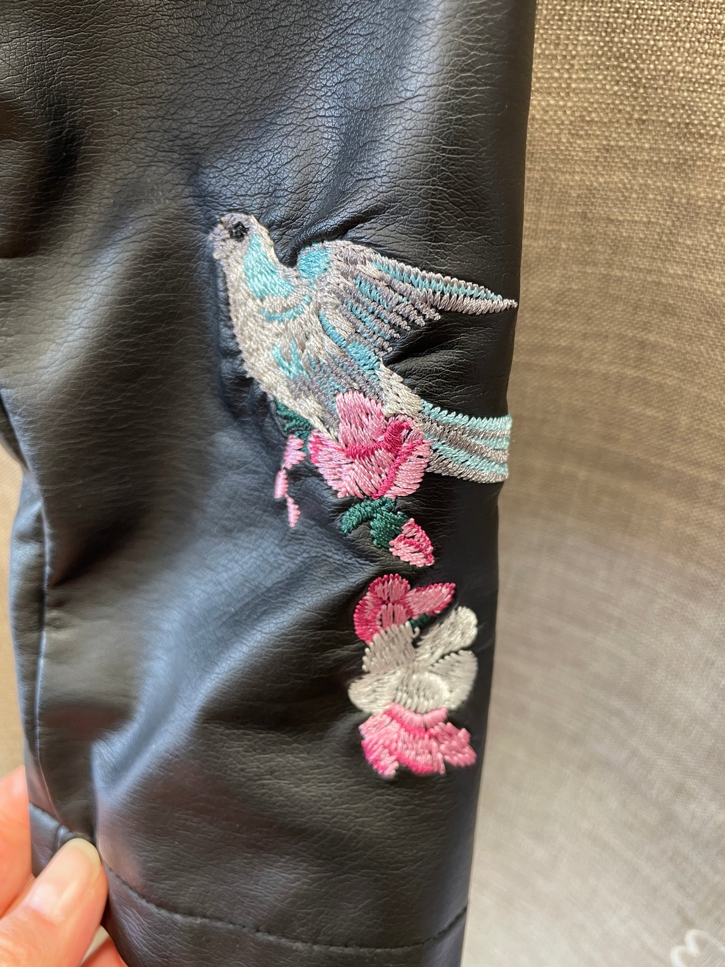 Baker by Ted Baker Black Faux Leather Biker Jacket Embroidered Bird & Floral Detail Age 12