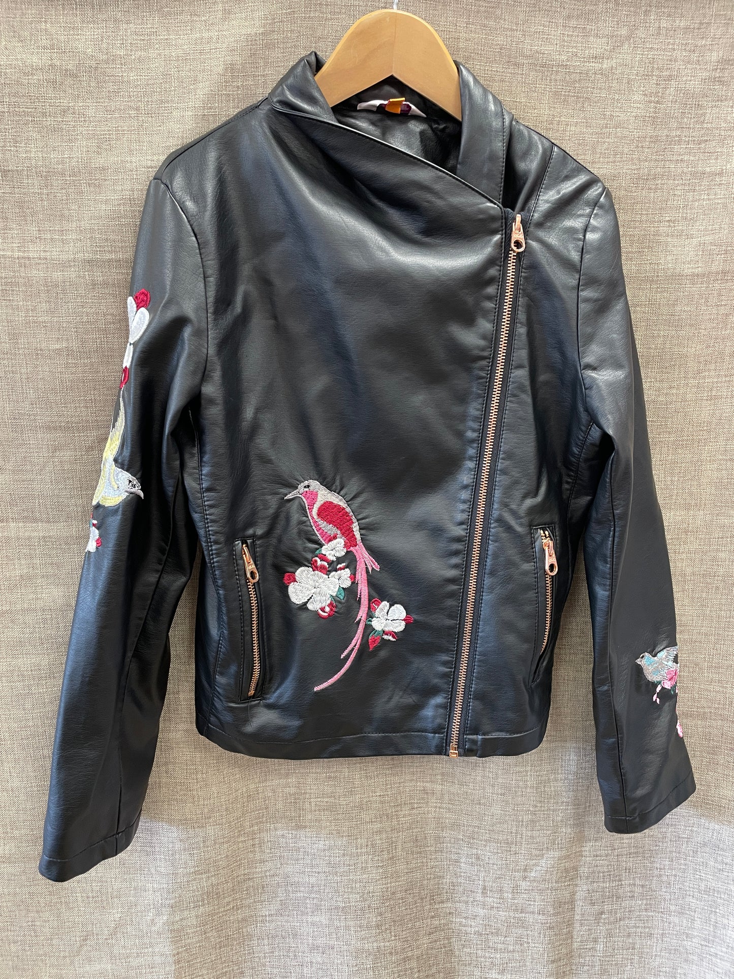 Baker by Ted Baker Black Faux Leather Biker Jacket Embroidered Bird & Floral Detail Age 12