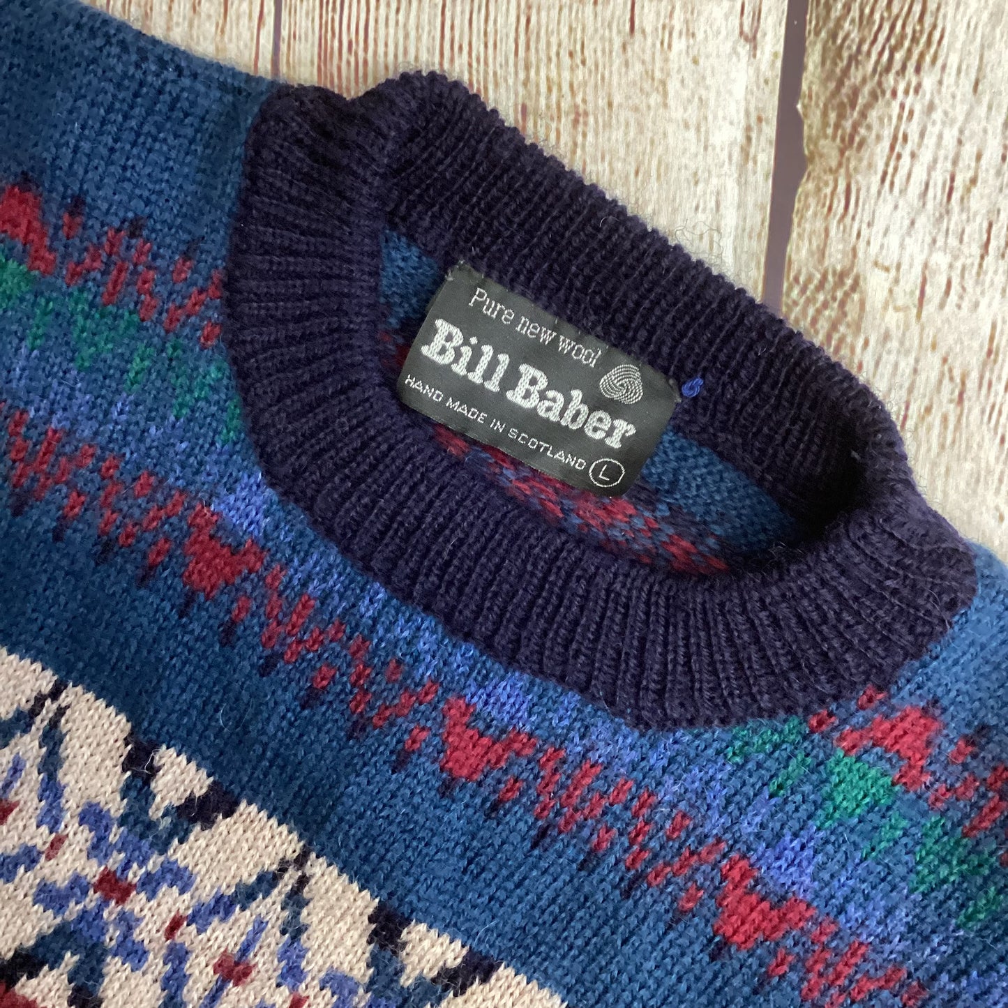 Vintage Bill Baber Blue Multicolour Pure New Wool Print Jumper Size L