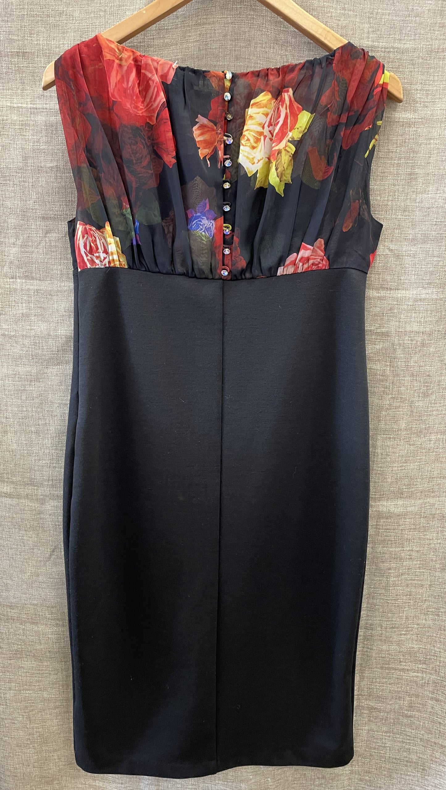 Ted Baker Black with Floral Chiffon Neckline Sleeveless Dress Size 4 UK 14