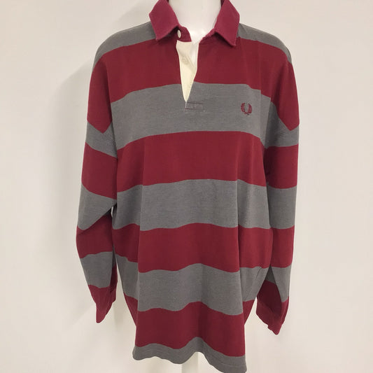 Fred Perry Red & Grey Striped Long Sleeve Polo Shirt 100% Cotton Size XL