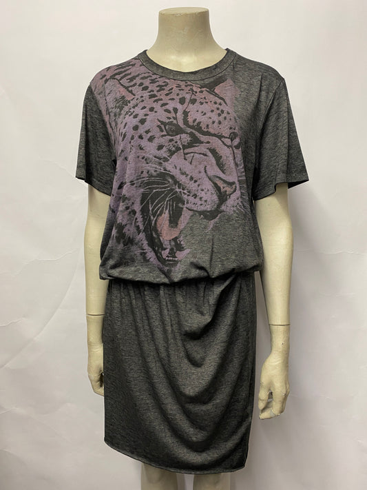 All Saints Grey Cotton T-Shirt Dress with Leopard Medium