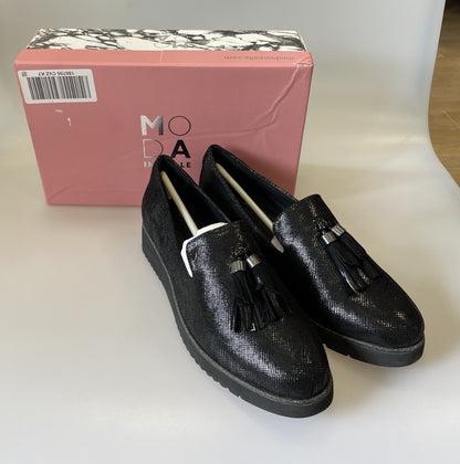 Moda in Pelle Brand New in Box Metallic Black Leather Flat Loafer Shoes EUR 40 UK 7