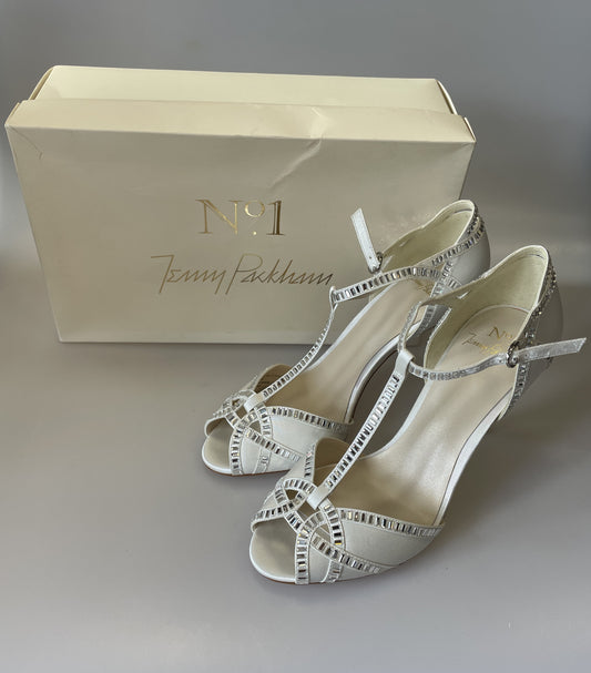 Jenny Packham New in Box 'Pasha' Ivory Cream Satin T-Bar Sparkle Bridal Wedding Sandals UK 5