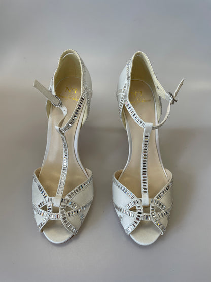 Jenny Packham New in Box 'Pasha' Ivory Cream Satin T-Bar Sparkle Bridal Wedding Sandals UK 5