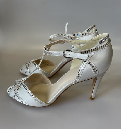 Jenny Packham New in Box 'Pasha' Ivory Cream Satin T-Bar Sparkle Bridal Wedding Sandals UK 5