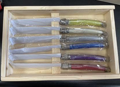 Scotts of Stow New in Box Laguiole Multicoloured Handles Set 6 Steak Knives