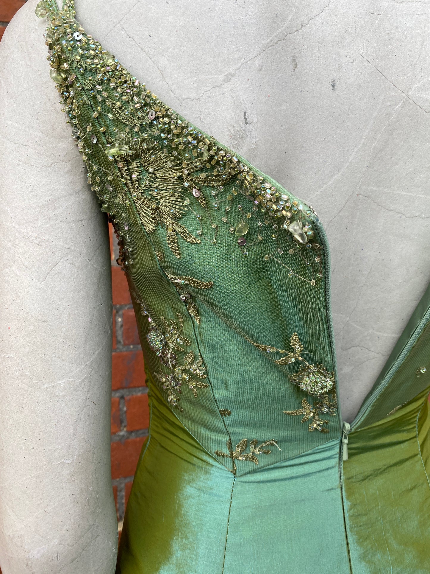 Green Pearlescent Embroidered Dress with Matching Sash/Scarf