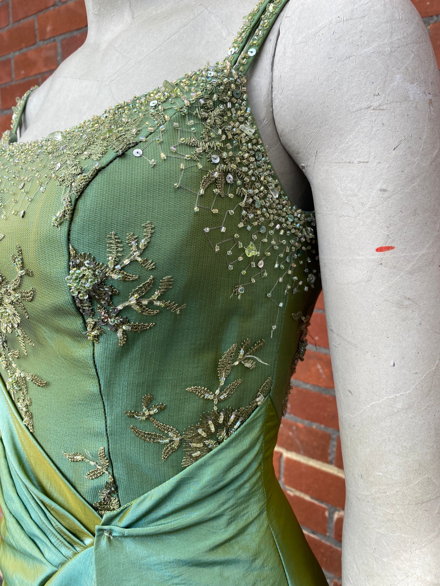 Green Pearlescent Embroidered Dress with Matching Sash/Scarf