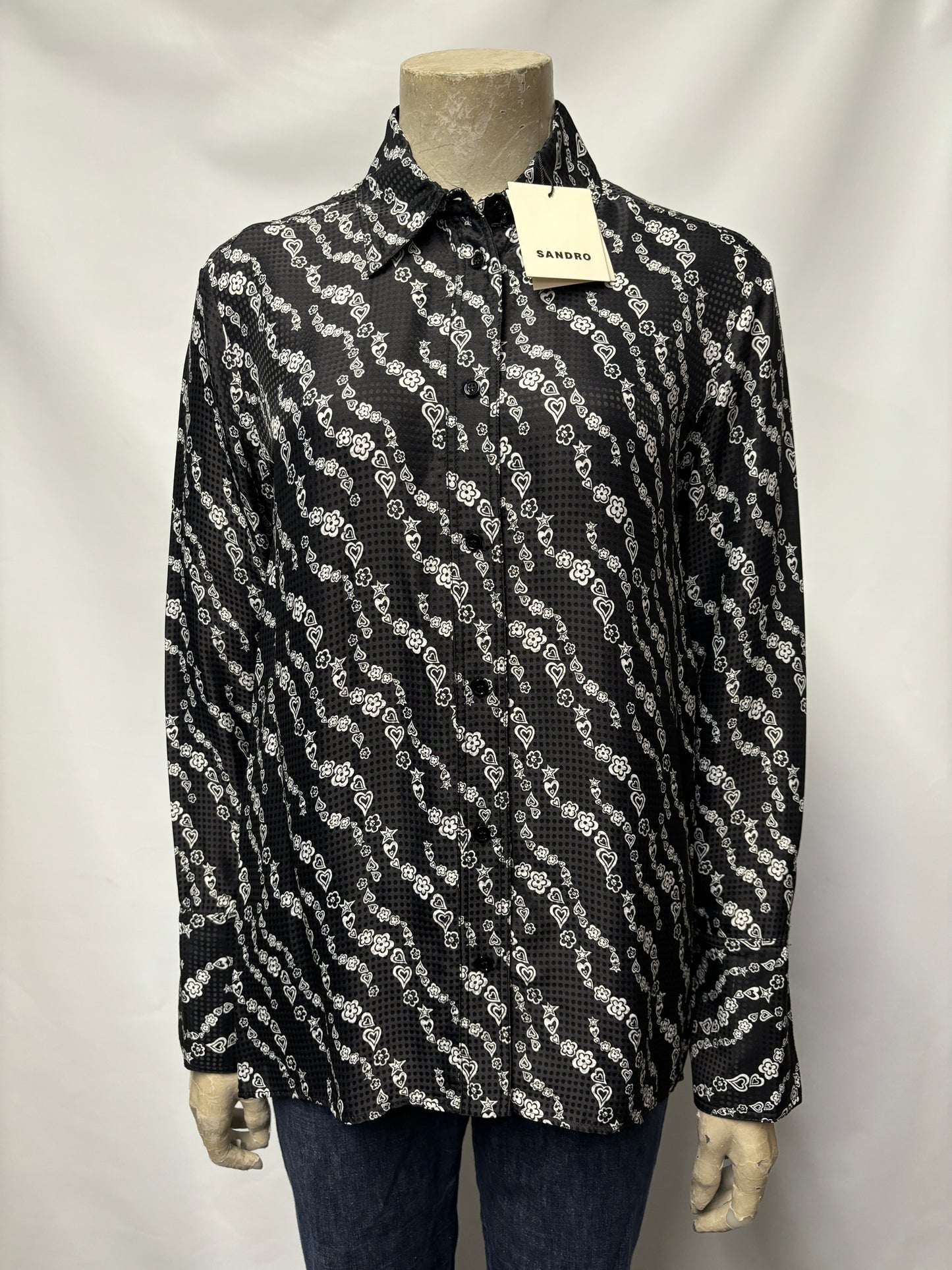 Sandro Black Silk Blend Heart and Flower Print Shirt NWOT