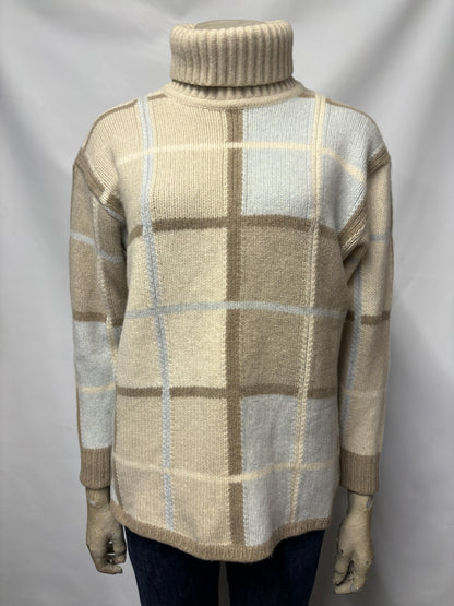 Vintage Escada Sport Blue and Cream Chequered Roll Neck Jumper M/S