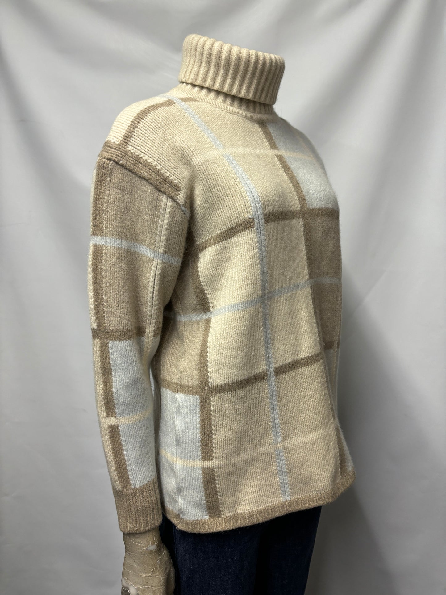 Vintage Escada Sport Blue and Cream Chequered Roll Neck Jumper M/S