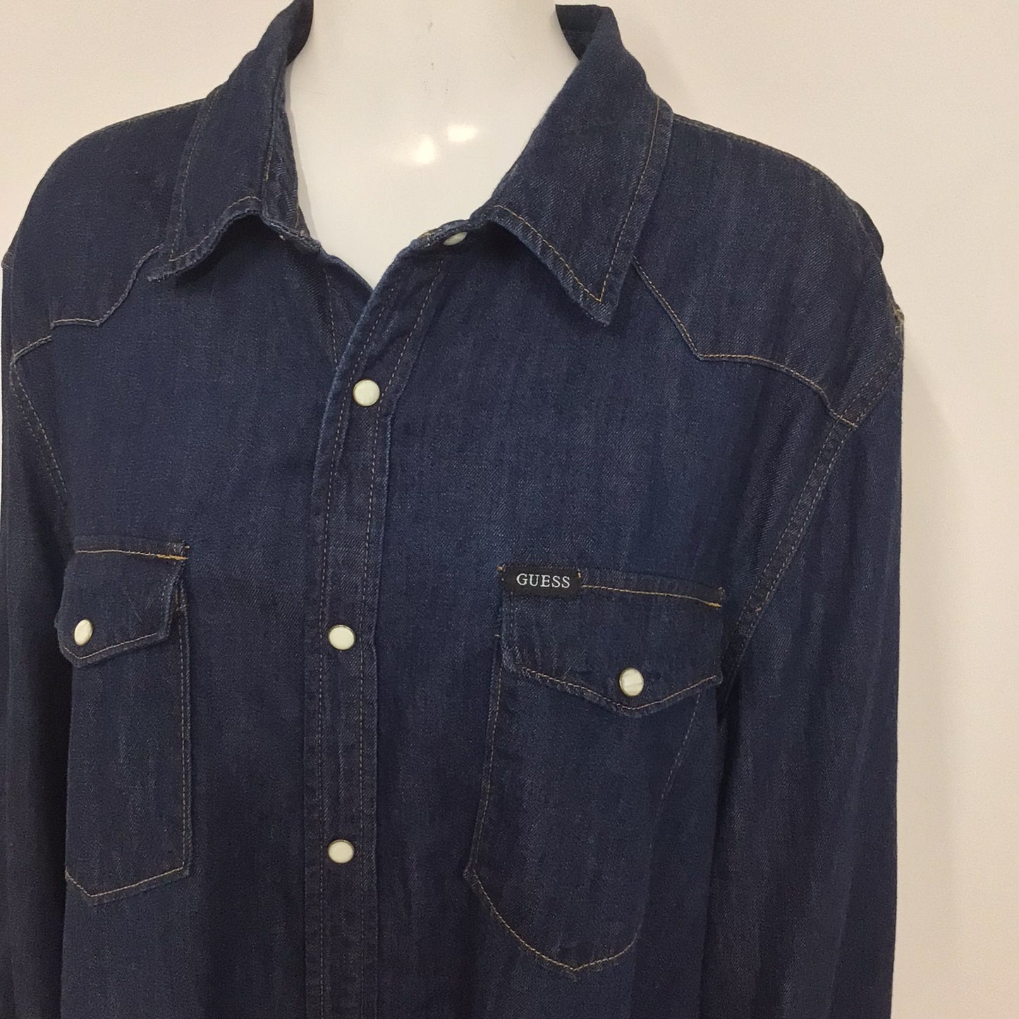 Guess Dark Blue Denim Shirt w/Popper Buttons 100% Cotton Size XL