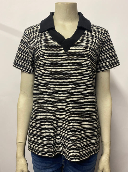 Maison Kitsune knitted Black and White Striped V-Neck Polo Shirt Medium