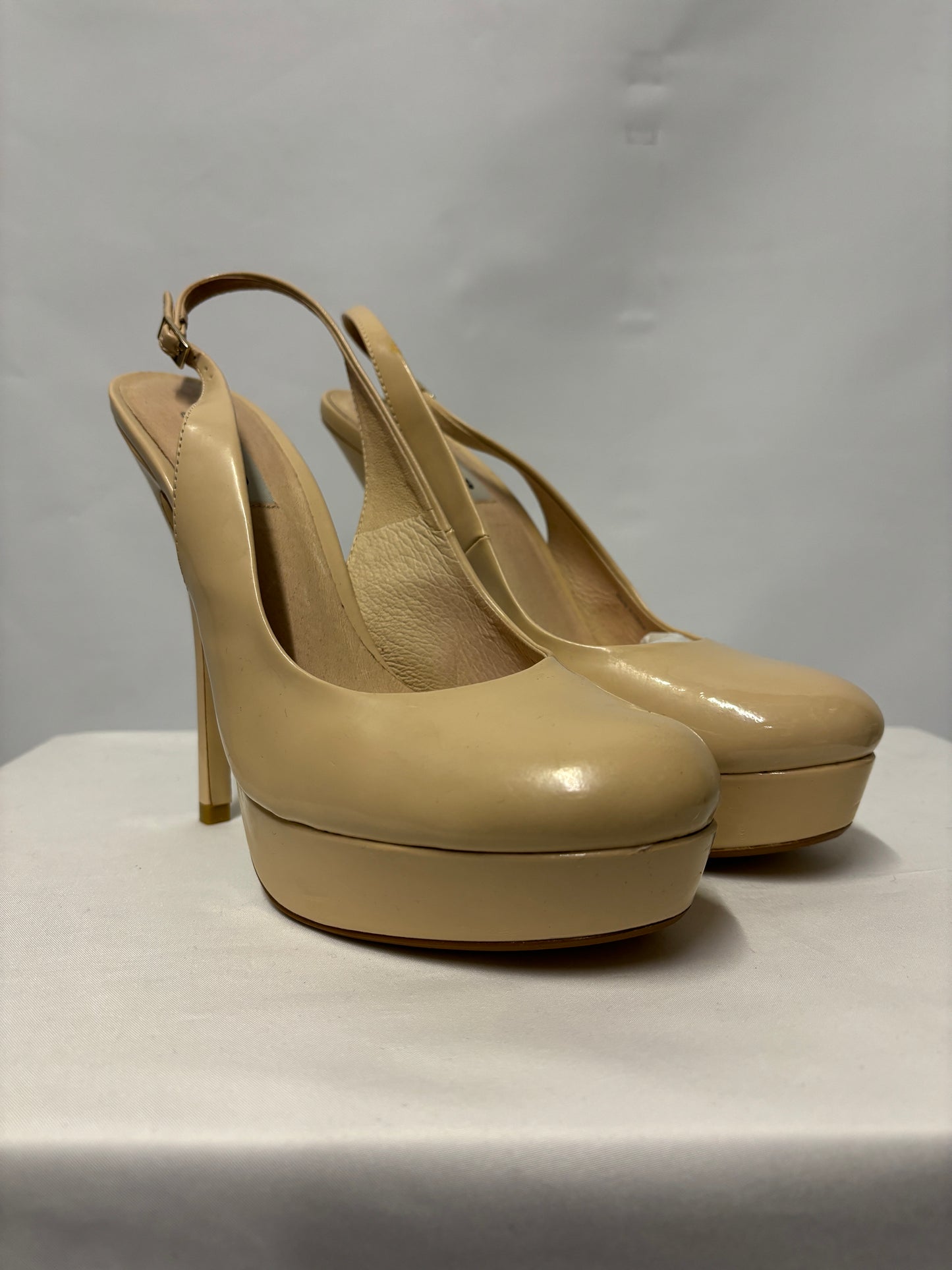 Dune Cream Patent Leather Platform Slingback Heels 7